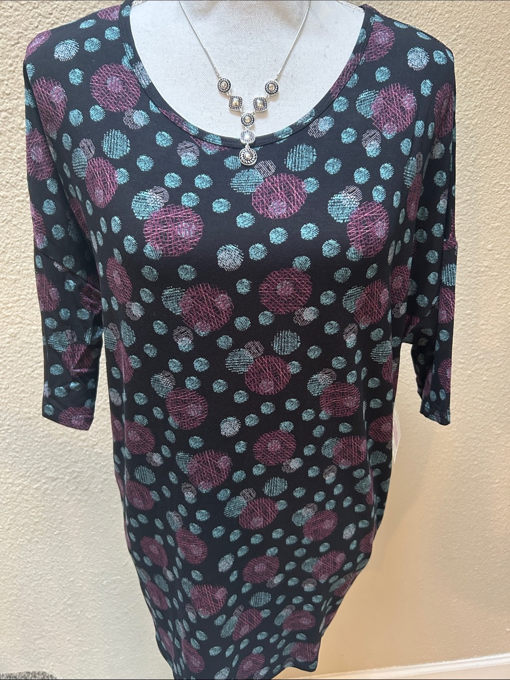 LuLaRoe Black Scoop Neck Tunic with Teal & Plum Dot Print